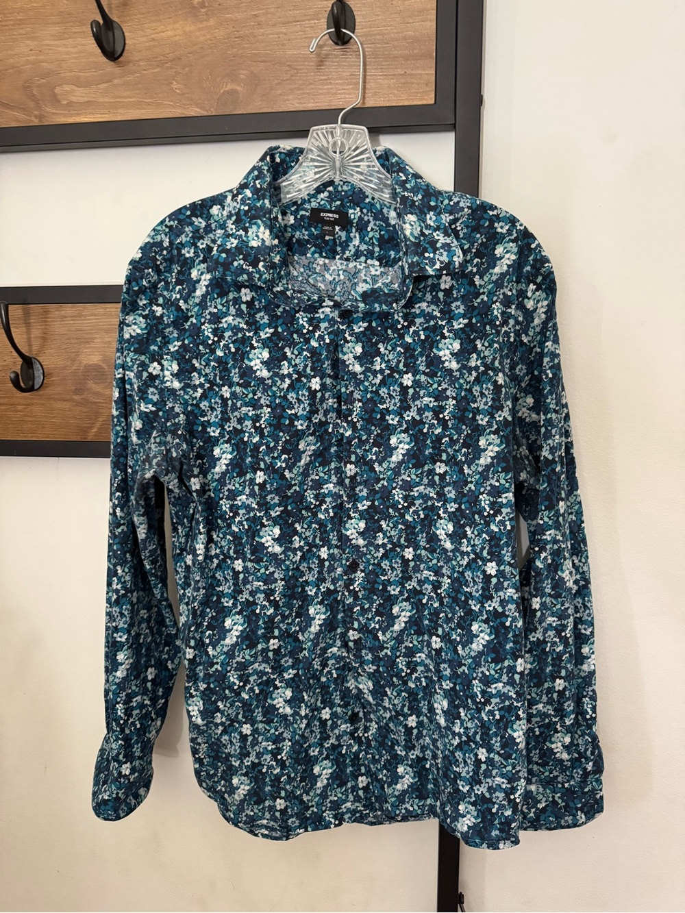 Express Men’s Teal and Navy Floral Button-Down Shirt